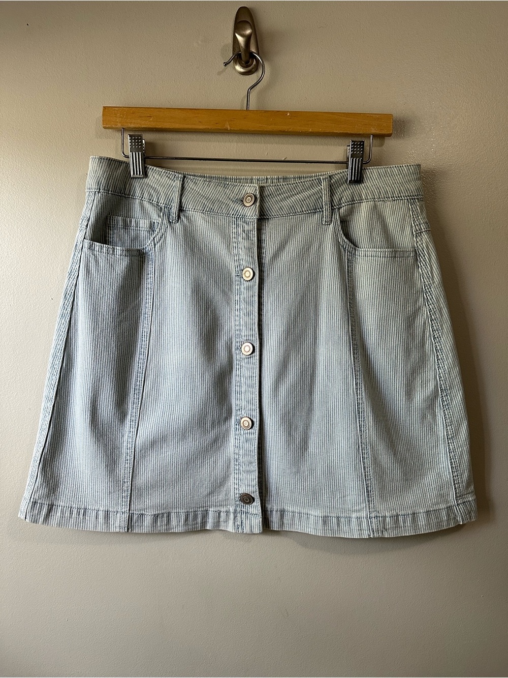 Thread & Supply Button-Front Seersucker Blue Denim A-Line Skirt Size L Summer